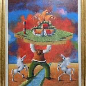 Umetnička slika Teret slikar Janoš Mesaroš- tehnika ulje na platnu - veličina slike bez rama 100x80 cm - sa ramom 118x98 cm - cena umetničke slike 708000 dinara - izgled slike sa ramom.