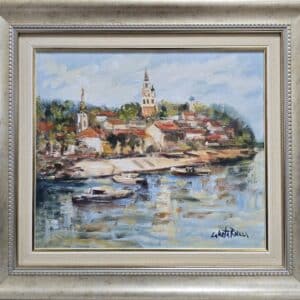 Umetnička slika Zemun 2 slikar Rade Laketa- tehnika ulje na platnu - veličina slike bez rama 33x38 cm - sa ramom 48x53 cm - cena umetničke slike 17700 dinara - izgled slike sa ramom.