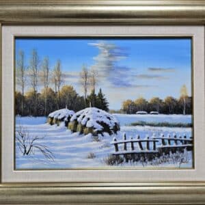 Umetnička slika Zimska idila slikar Jadran Đukić- tehnika ulje na platnu - veličina slike bez rama 30x40 cm - sa ramom 46x56 cm - cena umetničke slike 20060 dinara - izgled slike sa ramom.