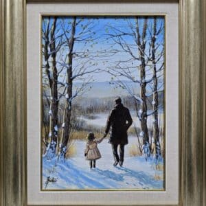 Umetnička slika Zimska šetnja slikar Jadran Đukić- tehnika ulje na platnu - veličina slike bez rama 35x25 cm - sa ramom 51x41 cm - cena umetničke slike 16520 dinara - izgled slike sa ramom.