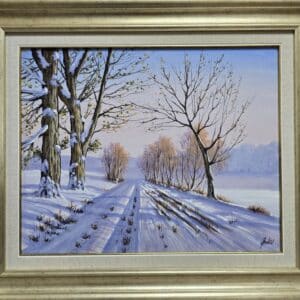 Umetnička slika Zimski put slikar Jadran Đukić- tehnika ulje na platnu - veličina slike bez rama 40x50 cm - sa ramom 58x68 cm - cena umetničke slike 28320 dinara - izgled slike sa ramom.