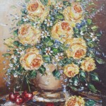 Umetnicka slika - Naziv slike Cvece-1-tehnika ulje na platnu-format slike sa ramom 45x50-cm-bez rama 30×25 cm-uramljena - slikarka Bosa Milaković-sertifikat-Cena slike 16520 dinara - izgled slike bez rama