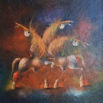 Umetnicka slika - Naziv slike Trojka-Slikar Janos Mesaros-Format slike sa ramom 90x90 cm-bez rama 70x70 cm-tehnika ulje na platnu-komb-tehnika-2016.god-sertifikat-Cena slike 271400 dinara - izgled slike bez rama