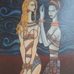 Umetnicka slika - Naziv slike Dve devojke-Slikar Dusko Trifunovic-Format slike bez rama 70×60 cm-tehnika ulje na platnu-sertifikat-Cena slike 38940 dinara - izgled slike bez rama