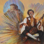 Umetnicka slika - Naziv slike Guslar i Lovcen-tehnika ulje na platnu-Format slike 100x100 cm-Slikar Ivan Vanja Milanovic.-sertifikat-Cena slike 82600 dinara - izgled slike bez rama