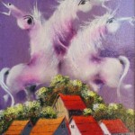 Umetnicka slika - Naziv slike Ljubicasta rapsodija-I-Slikar Janos Mesaros-kombinovana tehnika-ulje lak i pastel-luksuzno uramljen-Format slike sa ramom 50×40 cm-bez rama 35×25 cm-sertifika Cena slike 21240 dinara - izgled slike bez rama