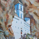 Umetnicka slika - Naziv slike Ostrog-Slikarka Marija Djukic-tehnika ulje na platnu-Format slike sa ramom 64x54 cm-bez rama 50×40 cm-sertifikat-Cena slike 14160 dinara - izgled slike bez rama