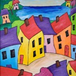 Umetnicka slika - Naziv slike Sarene kuce-III-tehnika akril na platnu-Format slike sa ramom 51×41 cm-bez rama 40×30 cm-Slikarka Tijana Lazic -sertifikat-Cena slike 8260 dinara - izgled slike bez rama