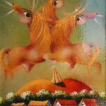 Umetnicka slika - Naziv slike Trio snova-I-Slikar Janos Mesaros-kombinovana tehnika-ulje lak i pastel-luksuzno uramljen-Format slike sa ramom 50×40 cm-bez rama 35×25 cm-sertifikat- Cena slike 21240 dinara - izgled slike bez rama