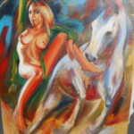 Umetnicka slika - Naziv slike Zena sa konjem-tehnika ulje na platnu-Format slike 100x80 cm-akademski slikar Goran Bankovic-Cena slike 47200 dinara - izgled slike bez rama