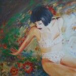 Umetnicka slika - Naziv slike Zena u cvecu-tehnika ulje na platnu-Format slike 90x90 cm-akademski slikar Goran Bankovic-sertifikat-Cena slike 35400 dinara - izgled slike bez rama