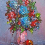 Umetnicka slika - naziv slike Cvece 1-tehnika ulje na platnu-Slikar Ivan Vanja Milanovic-Format slike sa ramom 64×54 cm-bez rama 50×40 cm-sertifikat-Cena slike 14160 dinara - izgled slike bez rama