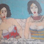 Umetnicka slika - naziv slike Devojke na Adi jedu lubenicu-Slikar Dusko Trifunovic-Format slike bez rama 70×90 cm-tehnika ulje na platnu-sertifikat-Cena slike 59000 dinara - izgled slike bez rama