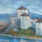 Umetnicka slika - naziv slike Manastir-1-tehnika ulje na juti-kasiranoj na lesonitu-Format slike 43x145 cm-akademski slikar Goran Bankovic-sertifikat-Cena slike 47200 dinara - izgled slike bez rama