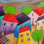 Umetnicka slika - naziv slike Sarene kuce-III-tehnika akril na platnu-Format slike sa ramom 63x83 cm-bez rama 50×70 cm-Tijana Lazic -sertifikat-Cena slike 22420 dinara - izgled slike bez rama