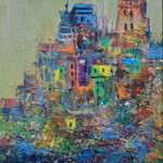 Umetnička slika Grad II slikar Ivan Vanja Milanović - tehnika ulje na platnu - Format slike sa ramom 53x63 cm - bez rama 40x50 cm - Cena umetničke slike 15340 dinara - izgled slike bez rama