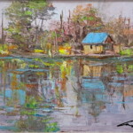 Umetnička slika Jezero II slikar Ivan Vanja Milanović - tehnika ulje na platnu - Format slike sa ramom 43x53 cm - bez rama 30x40 cm - Cena umetničke slike 11800 dinara - izgled slike bez rama