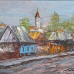 Umetnička slika Selo III slikar Ivan Vanja Milanović - tehnika ulje na platnu - format umetničke slike sa ramom 62x52 cm - bez rama 50x40 cm - Cena umetničke slike 15340 dinara - izgled slike bez rama