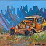 Umetnička slika Stari auto III slikar Ivan Vanja Milanović - tehnika ulje na platnu - format umetničke slike sa ramom 53x63 cm - bez rama 40x50 cm - Cena umetničke slike 15340 dinara - izgled slike bez rama