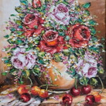 Umetnička slika Cveće 12 slikarka Bosa Milaković - tehnika ulje na platnu - format slike sa ramom 44x39 cm - bez rama 30x25 cm - Cena umetničke slike 16520 dinara - izgled slike bez rama