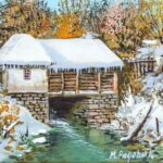 Umetnička slika Vodenica pod snegom slikar Miroslav Radović - tehnika ulje na platnu - format slike sa ramom 45x55 cm - bez rama 25x35 cm - Cena umetničke slike 22420 dinara - izgled slike bez rama