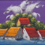 Umetnička slika Ljubičasta porodica XI slikar Janoš Mesaroš - tehnika kombinovana lak pastel - format slike sa ramom 36x46 cm - bez rama 25x35 cm - Cena umetničke slike 27140 dinara - izgled slike bez rama