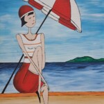 Umetnička slika Pod suncobranom slikarka Tijana Lazić - tehnika akril na platnu - format slike sa ramom 49x39 cm - bez rama 40x30 cm - Cena umetničke slike 9440 dinara - izgled slike bez rama