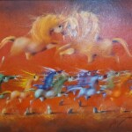 Umetnička slika Trka slikar Janoš Mesaroš - tehnika kombinovana ulje-pastel-lak - format slike sa ramom 68x88 cm - bez rama 50x70 cm - Cena umetničke slike 82600 dinara - izgled slike bez rama