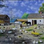 Umetnička slika Seosko domaćinstvo slikar Ištvan Penzeš - tehnika ulje na lesonitu - format slike sa ramom 49x59 cm - bez rama 30x40 cm - Cena umetničke slike 59000 dinara - izgled slike bez rama