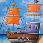 Umetnička slika Gusarski brod II slikarka Tijana Lazić - tehnika akril na platnu - format slike bez rama 40x30 cm - Cena umetničke slike 9440 dinara - izgled slike bez rama
