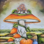 Umetnička slika Pečurka 6 slikarka Marija Hlavati - tehnika ulje na platnu kasirano na kartonu - format slike sa ramom 45x40 cm - bez rama 30x25 cm - Cena umetničke slike 20060 dinara - izgled slike bez rama