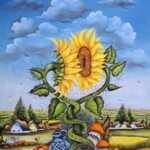 Umetnička slika Suncokreti 1 slikarka Marija Hlavati - tehnika ulje na platnu - format slike sa ramom 86x66 cm - bez rama 70x50 cm - Cena umetničke slike 82600 dinara - izgled slike bez rama