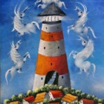 Umetnička slika Svetionik IV slikar Janoš Mesaroš - tehnika kombinovana lak i pastel - format slike sa ramom 87x67 cm - bez rama 70x50 cm - Cena umetničke slike 82600 dinara - izgled slike bez rama