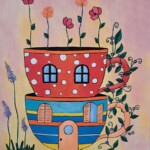 Umetnička slika šolja sa cvećem slikarka Tijana Lazić - tehnika akril na platnu - format slike bez rama 40x30 cm - Cena umetničke slike 9440 dinara - izgled slike bez rama