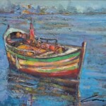 Umetnička slika Barka na vodi slikar Ivan Vanja Milanović - tehnika ulje na platnu - format slike sa ramom 56x66 cm - bez rama 40x50 cm - Cena umetničke slike 17700 dinara - izgled slike bez rama