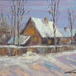 Umetnička slika Selo zimi slikar Ivan Vanja Milanović - tehnika ulje na platnu - format slike sa ramom 53x63 cm - bez rama 40x50 cm - Cena umetničke slike 17700 dinara - izgled slike bez rama