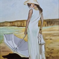 Umetnička slika Devojka sa suncobranom slikarka Snežana Jakšić - tehnika ulje na platnu - format slike sa ramom 51x41 cm - bez rama 45x35 cm - Cena umetničke slike 22420 dinara - izgled slike bez rama
