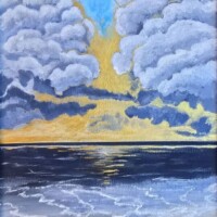 Umetnička slika Suton na moru Slikarka Snežana Jakšić - tehnika akril na kartonu - format slike sa ramom 34x28 cm - bez rama 30x24 cm - Cena umetničke slike 8260 dinara - izgled slike bez rama