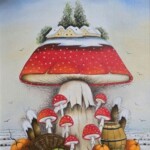 Umetnička slika Crvena pečurka 2 slikarka Marija Hlavati - tehnika ulje na platnu kasirano na kartonu - format slike sa ramom 45x40 cm - bez rama 30x25 cm - Cena umetničke slike 21240 dinara - izgled slike bez rama - naiva