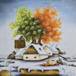 Umetnička slika Drvo ljubavi 5 slikarka Marija Hlavati-tehnika ulje na platnu kasirano na kartonu-format slike sa ramom 65x55 cm - bez rama 50x40 cm -Cena umetničke slike 46020 dinara-izgled slike bez rama - naivno slikarstvo