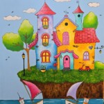 Umetnička slika Dva broda slikarka Tijana Lazić - tehnika akril na platnu-format slike bez rama 70×50 cm-Cena umetničke slike 20060 dinara - izgled slike bez rama