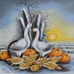Umetnička slika Guske 1 slikarka Marija Hlavati - tehnika ulje na platnu kasirano na kartonu - format slike sa ramom 35x35 cm - bez rama 20x20 cm - naivno slikarstvo - Cena umetničke slike 15340 dinara - izgled slike bez rama