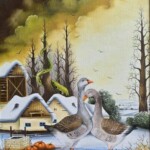 Umetnička slika Guske 2 slikarka Marija Hlavati - tehnika ulje na platnu kasirano na kartonu - format slike sa ramom 45x40 cm - bez rama 30x25 cm - Cena umetničke slike 21240 dinara - izgled slike bez rama
