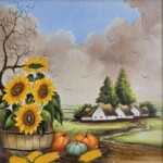 Umetnička slika Kovačica 1 slikarka Marija Hlavati - tehnika ulje na platnu kasirano na kartonu - format slike sa ramom 35x35 cm - bez rama 20x20 cm - Cena umetnicke slike 15340 dinara - naiva - izgled slike bez rama