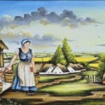 Umetnička slika Na bunaru slikarka Marija Hlavati - tehnika ulje na platnu kasirano na kartonu - format slike sa ramom 45x85 cm - bez rama 30x70 cm - Cena umetničke slike 59000 dinara - izgled slike bez rama