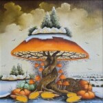 Umetnička slika Pečurka 1 slikarka Marija Hlavati - tehnika ulje na platnu kasirano na kartonu - format slike sa ramom 35x35 cm - bez rama 20x20 cm - Cena umetničke slike 15340 dinara - izgled slike bez rama - naiva Kovačica