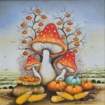 Umetnička slika Pečurka 2 slikarka Marija Hlavati - tehnika ulje na platnu kasirano na kartonu - format slike sa ramom 35x35 cm - bez rama 20x20 cm - Cena umetničke slike 15340 dinara - izgled slike bez rama - naivno slikarstvo Kovačica