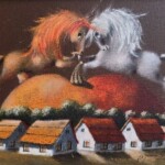 Umetnička slika Banat XVII slikar Janoš Mesaroš – tehnika kombinovana na kaširanom platnu – format slike sa ramom 39×46 cm – bez rama 23×30 cm – Cena umetničke slike 31.860 dinara – izgled slike bez rama