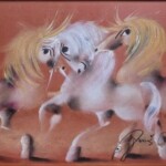 Umetnička slika Igrali se konji slikar Janoš Mesaroš – tehnika kombinovana, lak - pastel – format slike sa ramom 41×51 cm – bez rama 25×35 cm – Cena umetničke slike 29500 dinara – izgled slike bez rama