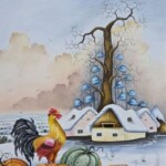 Umetnička slika Pevac na bundevi slikarka Marija Hlavati - tehnika ulje na platnu kasirano na kartonu - format slike sa ramom 55x45 cm - bez rama 40x30 cm - Cena umetničke slike 31860 dinara - izgled slike bez rama
